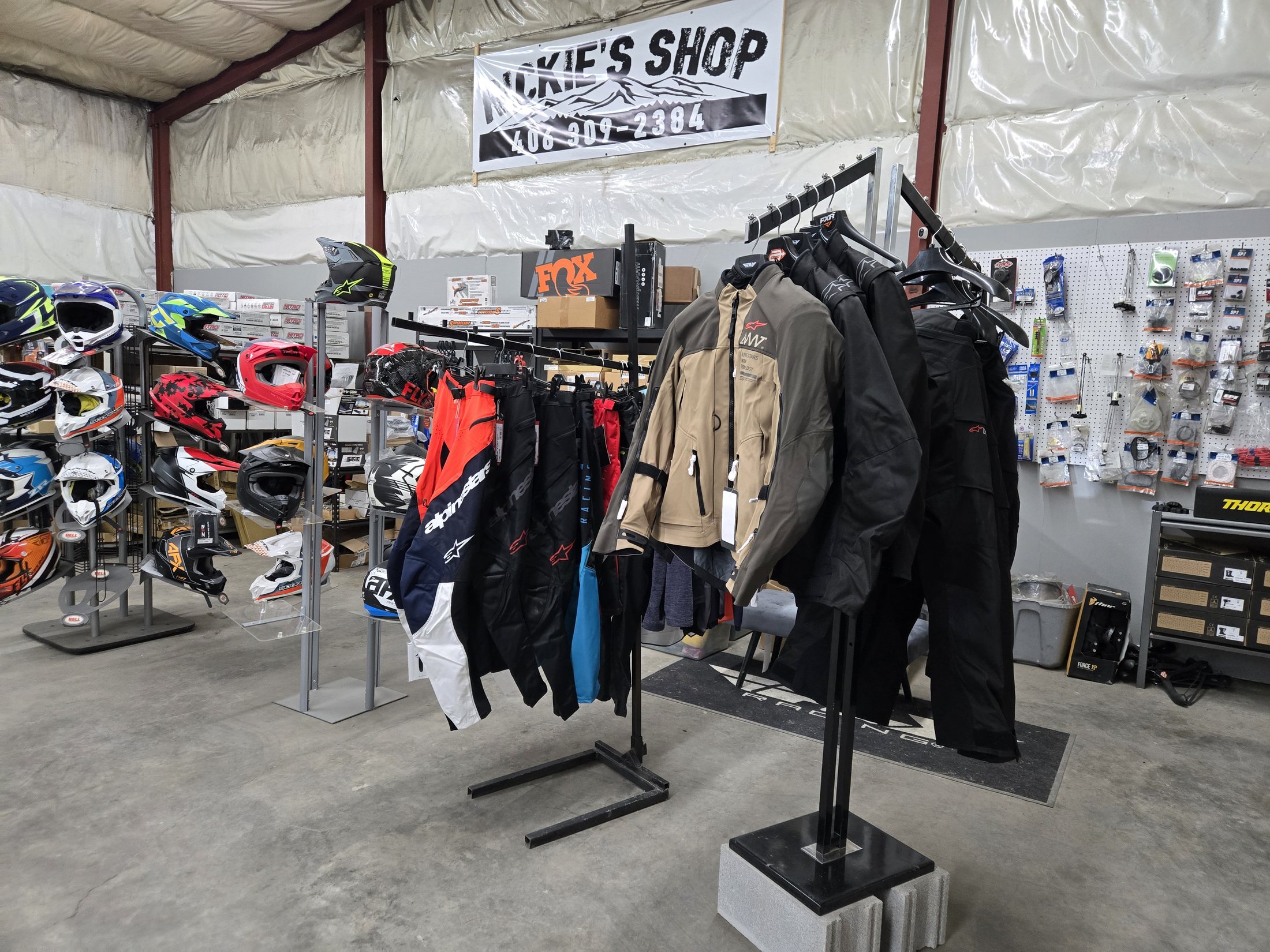 Helmets, gear and the shop banner